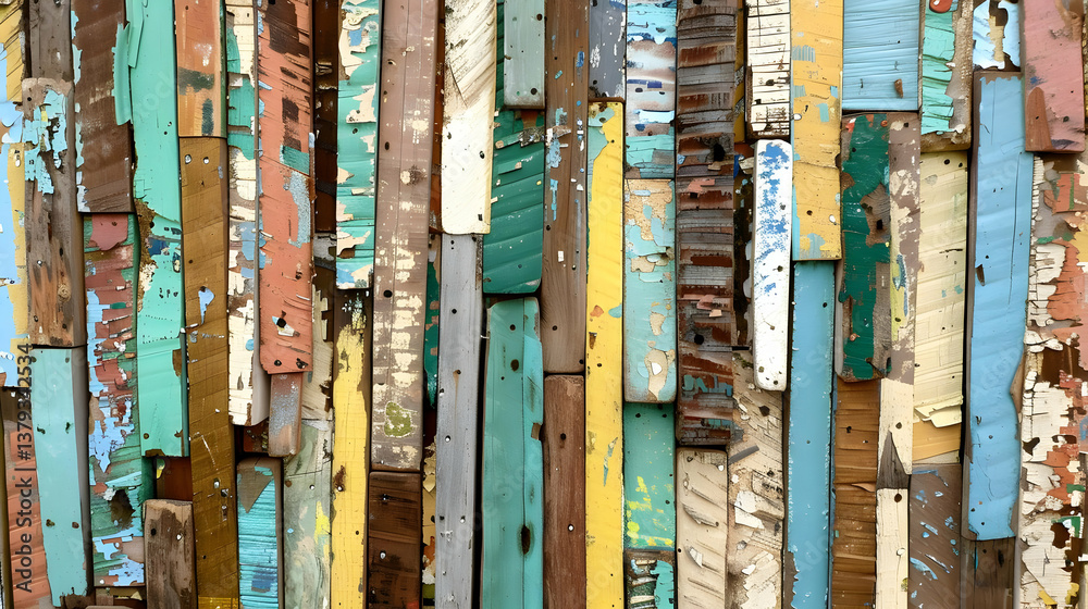 A vibrant array of weathered wooden planks in various colors and textures.