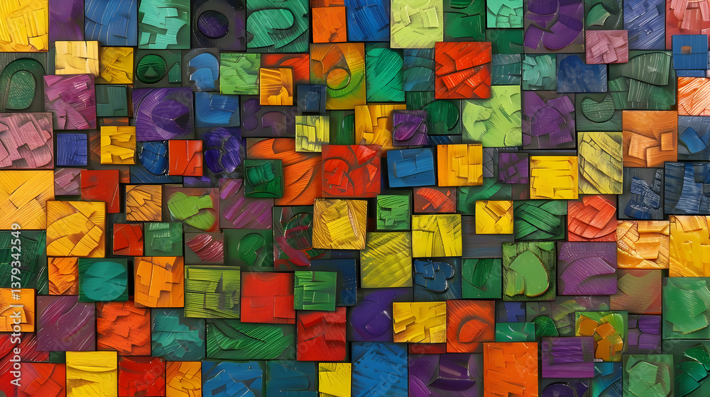 A vibrant abstract composition of colorful geometric shapes and patterns.
