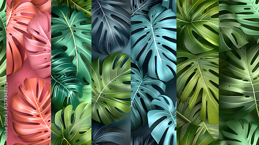 A vibrant collection of tropical leaves in various colors and arrangements.