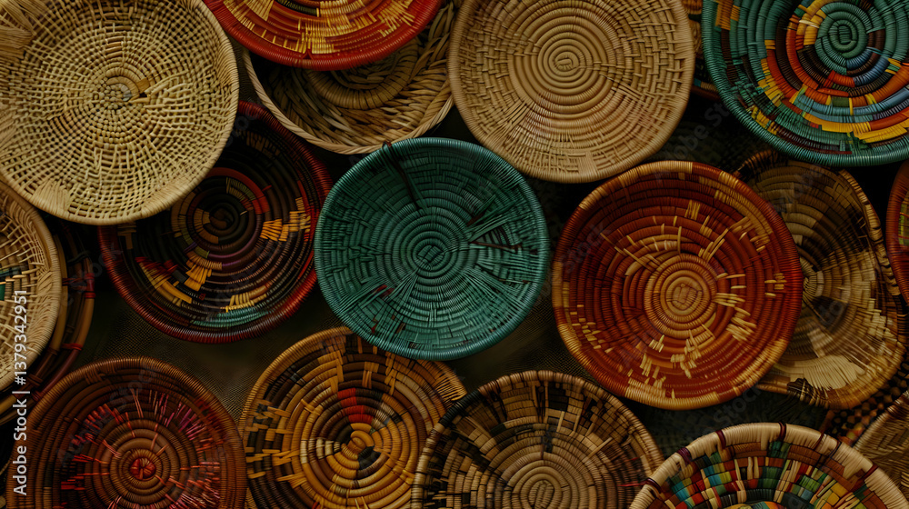 A vibrant collection of woven baskets showcasing intricate patterns and colors.