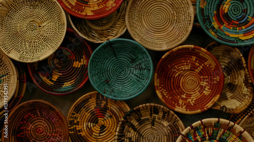 Obraz na płótnie A vibrant collection of woven baskets showcasing intricate patterns and colors. w salonie