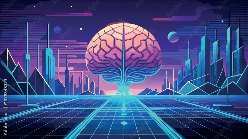 Fototapeta premium Colorful digital brain with futuristic city skyline at night highlighting technology and innovation
