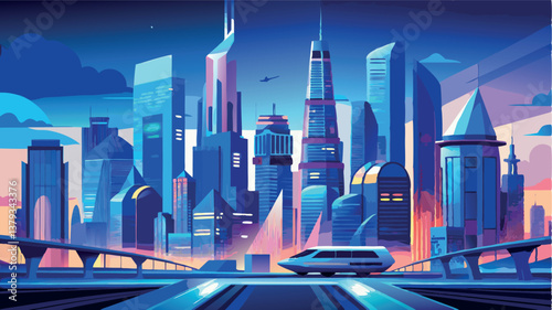 City skyline featuring futuristic architecture and a high-speed train during twilight