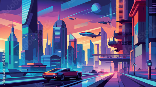 Futuristic cityscape at dusk with flying vehicles and vibrant neon colors