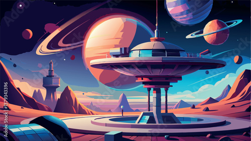 Spaceship landing on a distant planet surrounded by colorful planets and starry sky during twilight