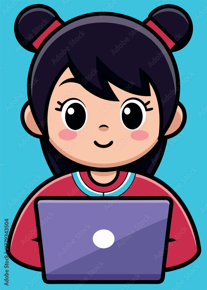 Young girl using a laptop with a joyful expression in a colorful digital environment Young girl using a laptop with a joyful expression in a colorful digital environment
