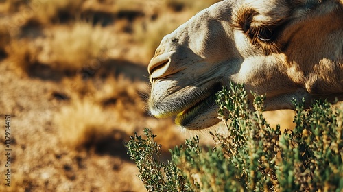 Close-up of a camel gently munching on greenery in a sunlit desert landscape with soft golden grass and distant blurred dunes photo