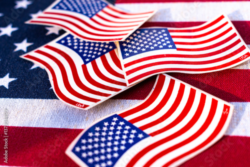 Colorful American flag-themed stickers. Represents the essence of national pride and unit