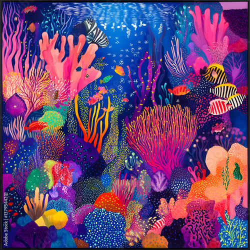 A vibrant underwater scene filled with colorful corals and diverse fish species.