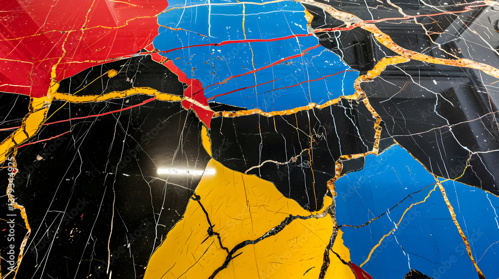 A vibrant, cracked surface featuring bold colors and intricate lines.