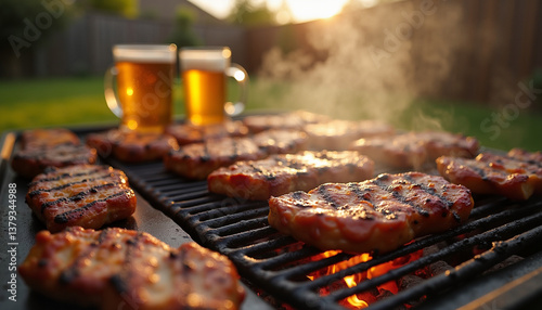 BBQ with Beer at Sunset in a Backyard Setting, BBQ with beer, Outdoor barbecue  