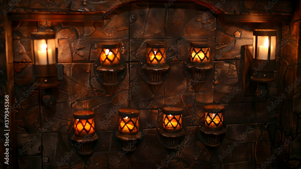 A wall adorned with warm, glowing lanterns against a textured stone background.