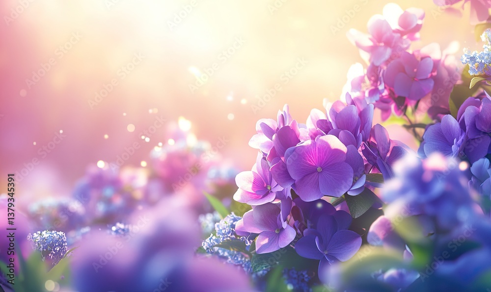 Fototapeta premium Vibrant garden scene with blooming flowers under a warm sunset, creating a serene atmosphere