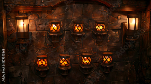 Obraz na płótnie A wall adorned with warm, glowing lanterns against a textured stone background. w salonie