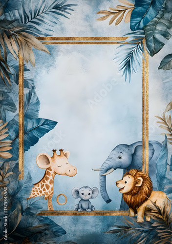 A whimsical illustration featuring a giraffe, elephant, lion, and koala within a decorative frame.