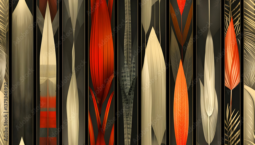 Abstract design featuring stylized plant shapes and colors in a vertical arrangement.