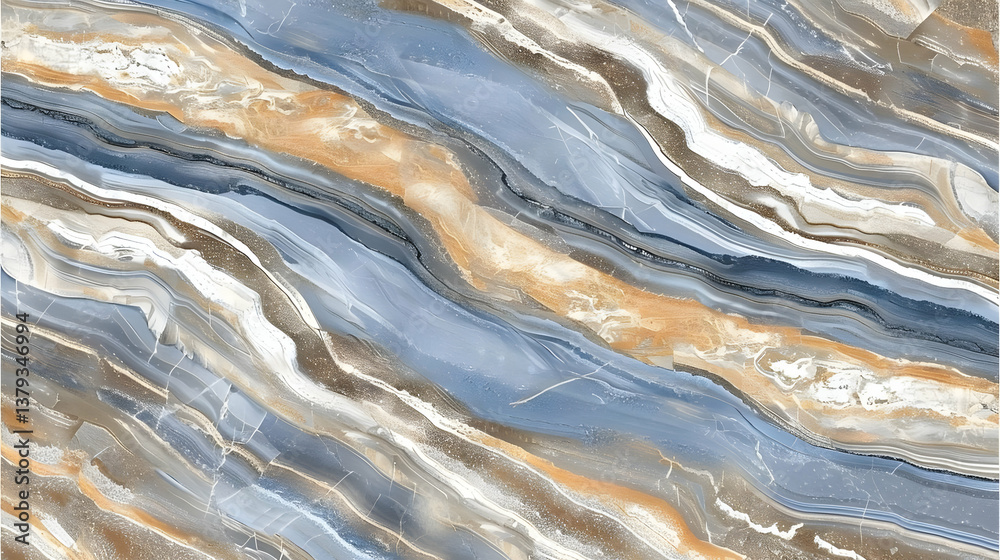 Abstract design featuring flowing blue, gold, and white patterns resembling marble.