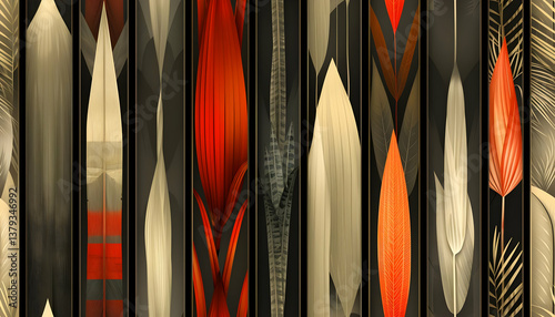Obraz na płótnie Abstract design featuring stylized plant shapes and colors in a vertical arrangement. w salonie