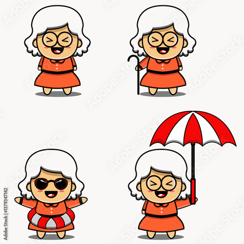 Adorable kawaii chibi style vector illustration collection featuring a happy elderly woman character in multiple fun poses