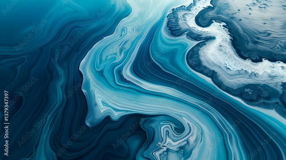 Abstract fluid art featuring swirling shades of blue and white.