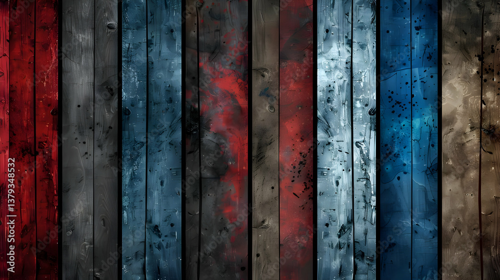 Abstract wooden panel background with a mix of colors and textures.