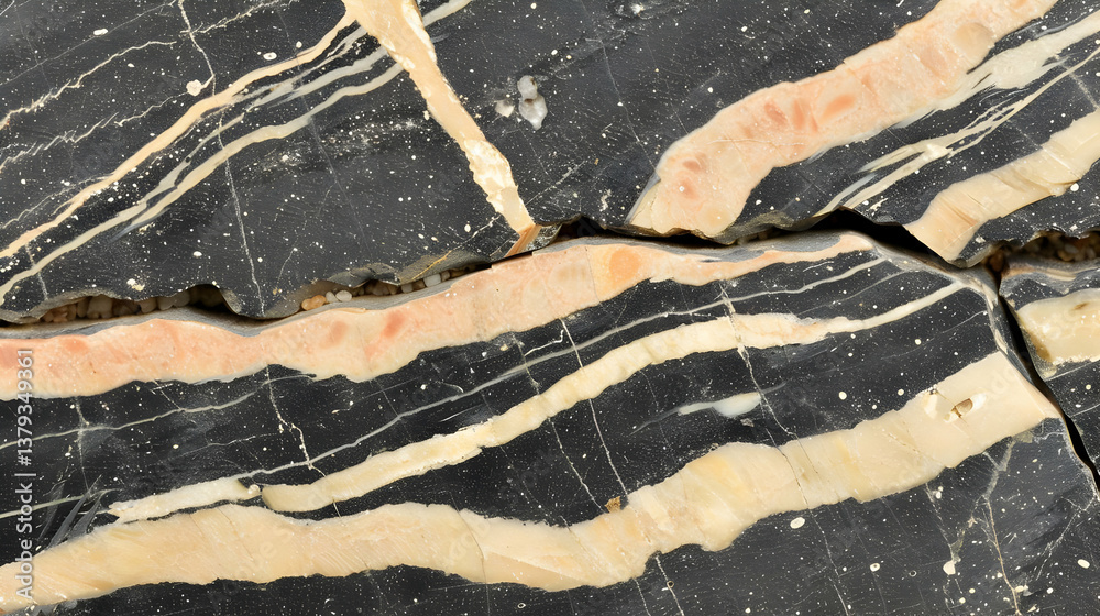 Close-up of a striking black and beige striped stone with natural patterns.