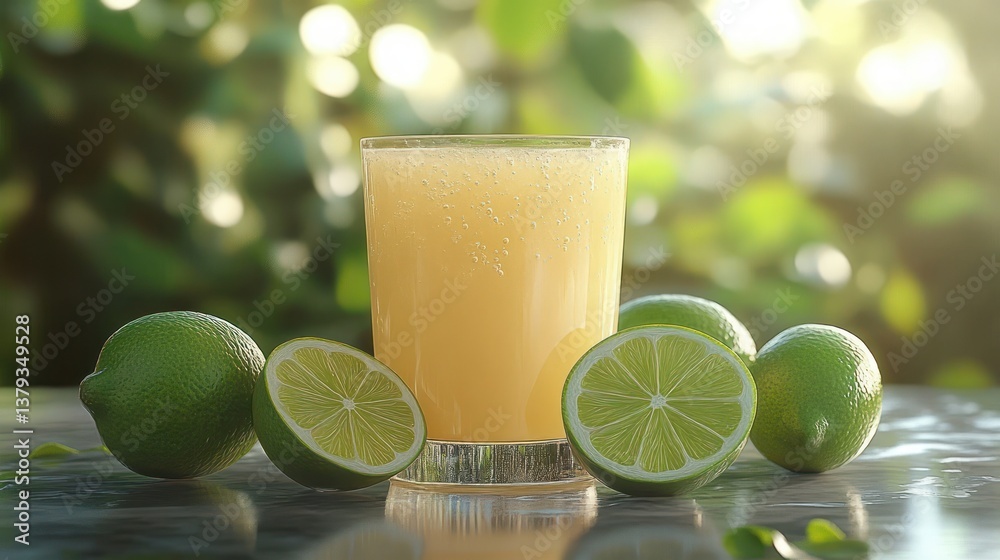 Citrus Lime Juice Refreshment with Fresh Limes in Sunlit Garden Citrus Lime Juice Refreshment with Fresh Limes in Sunlit Garden