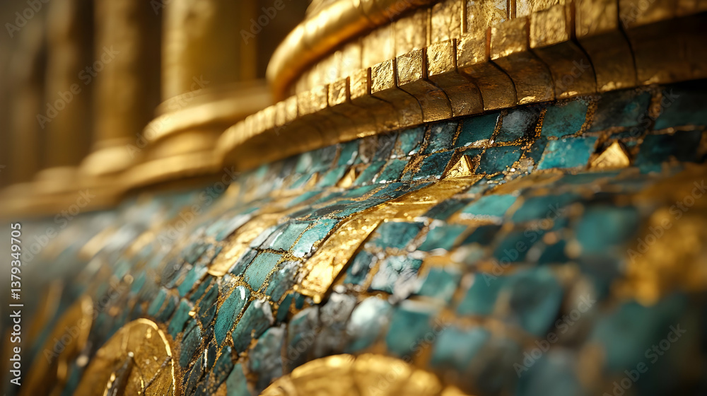Close-up of intricate mosaic patterns featuring gold and turquoise tiles.