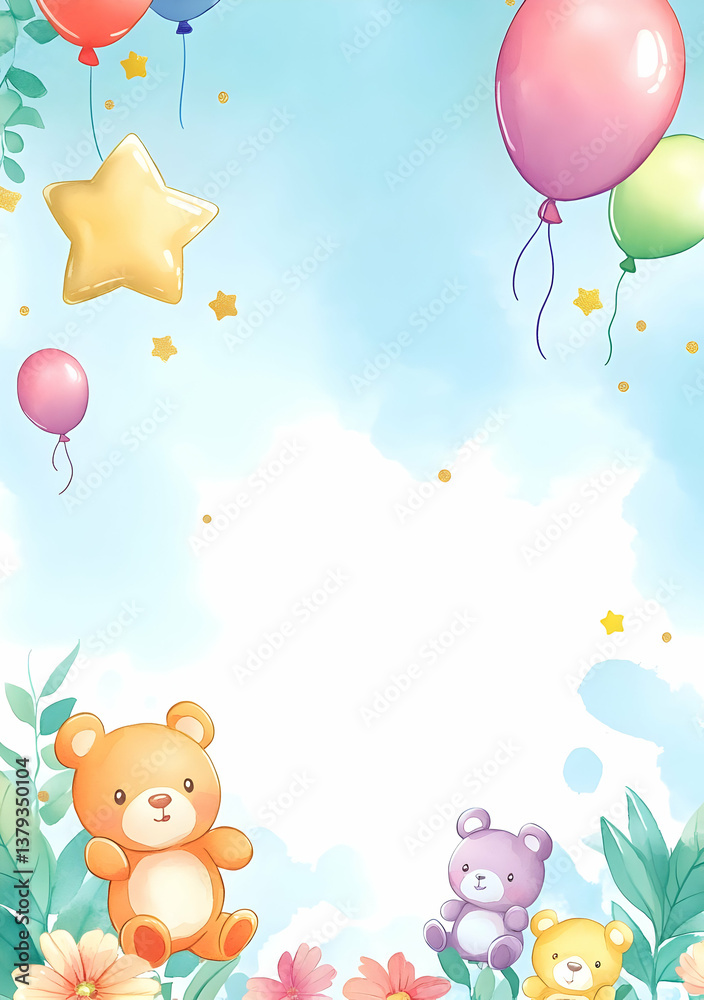 Colorful illustration featuring cute bears, balloons, and flowers for a festive occasion.