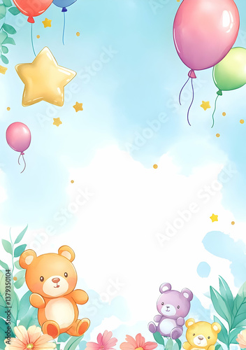 Obraz na płótnie Colorful illustration featuring cute bears, balloons, and flowers for a festive occasion. w salonie