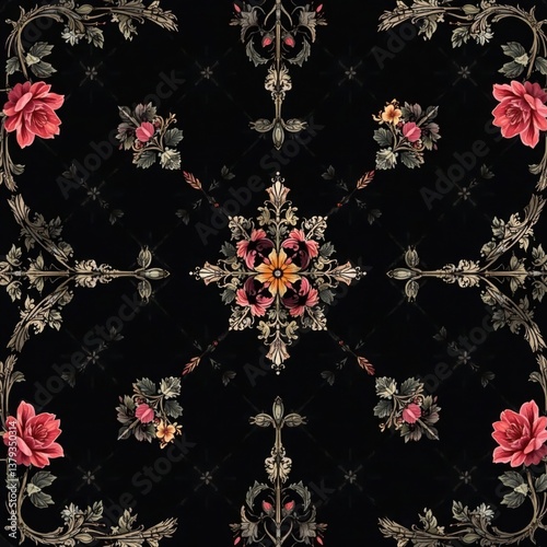 Black gothic floral damask pattern with entwined vines and foliage, floral, mysterious