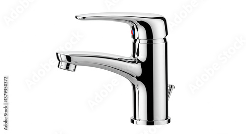 A sleek, modern chrome faucet, designed for effortless style and efficient water flow, gleaming with a polished finish against a bright white background. photo