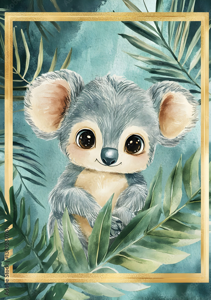 Cute illustrated koala surrounded by tropical leaves in a soft color palette.