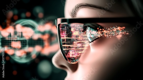 Wallpaper Mural Futuristic Woman Wearing Smart Glasses with Digital Data Reflections in Urban Setting Torontodigital.ca