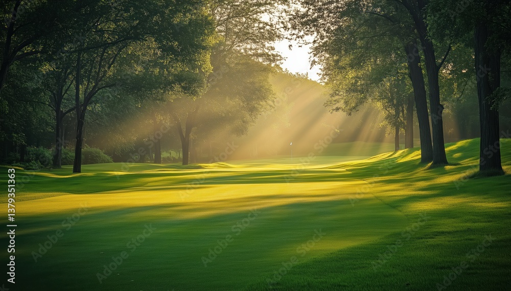Obraz premium Strolling On The Wide Grass Path Of A Golf Course With Swinging Clubs, Enjoying The Scenic Views And Sunny Weather.