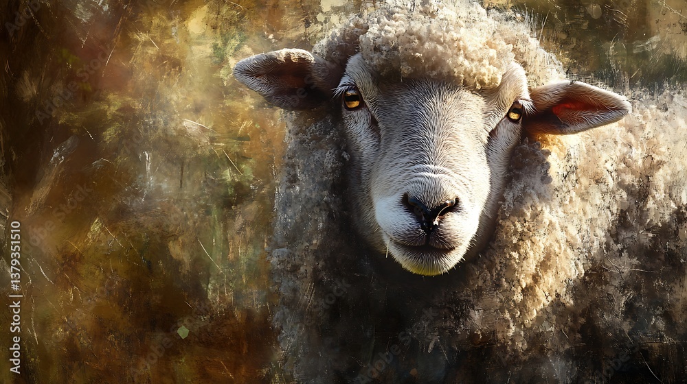 custom made wallpaper toronto digitalA close-up of a sheep with textured wool against a blurred, atmospheric background featuring soft colors and light gradients, showcasing the natural beauty of rural life