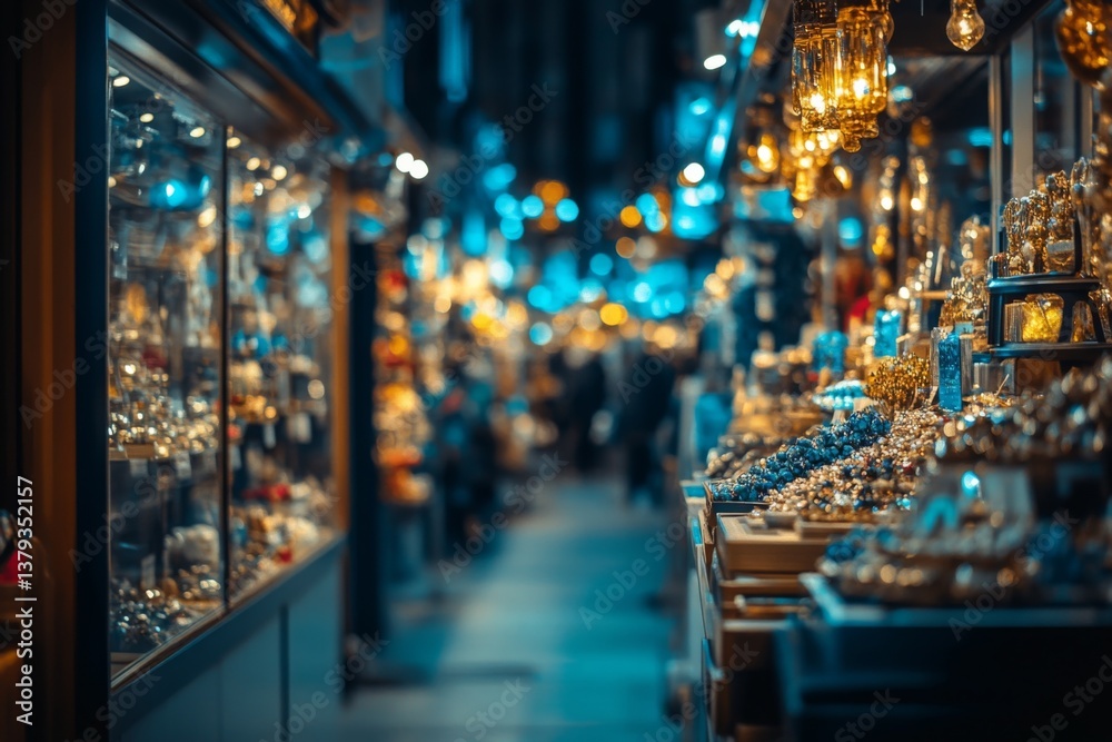 Obraz premium Evening view of a vibrant street market with colorful lights and shops