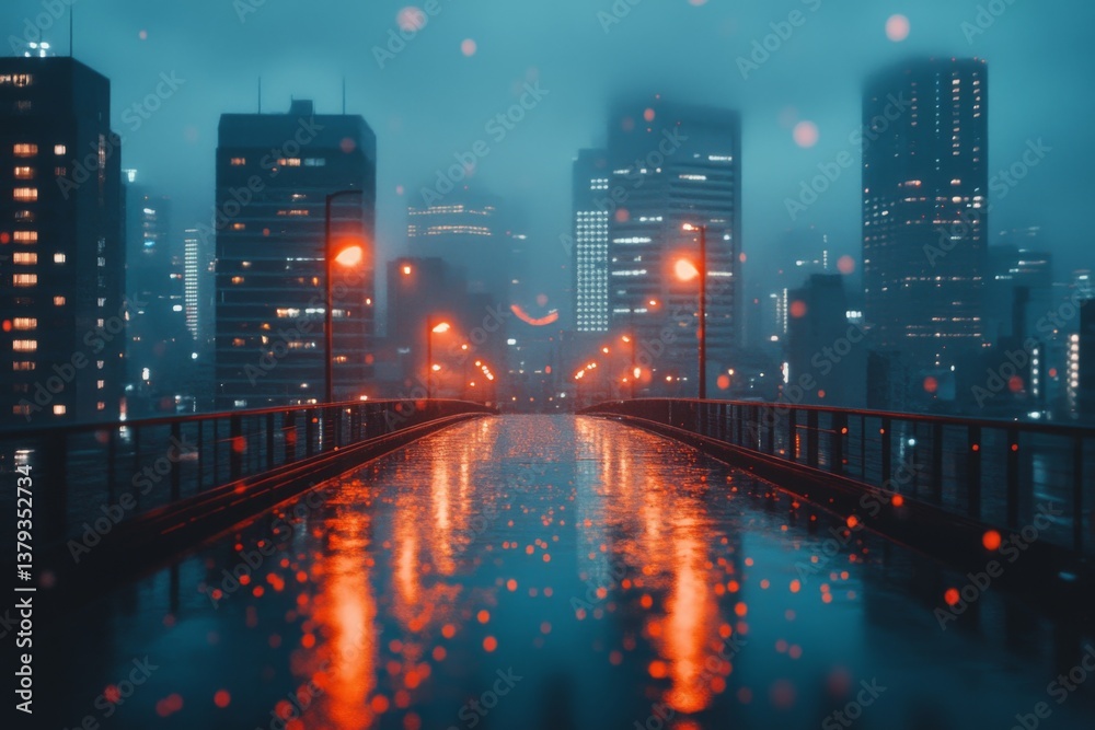 Obraz premium Night cityscape with bright lights reflecting on a wet street after rain