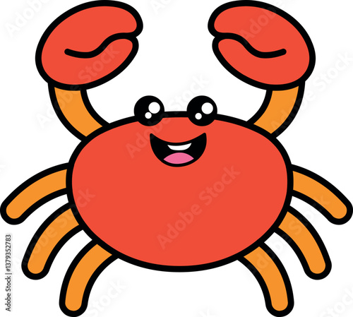 Adorable vector illustration of a cartoon crab with big expressive eyes and a cheerful smile. Cute colorful style, ideal for kids' projects, beach decor, summer merch or marine life themes. High-quali