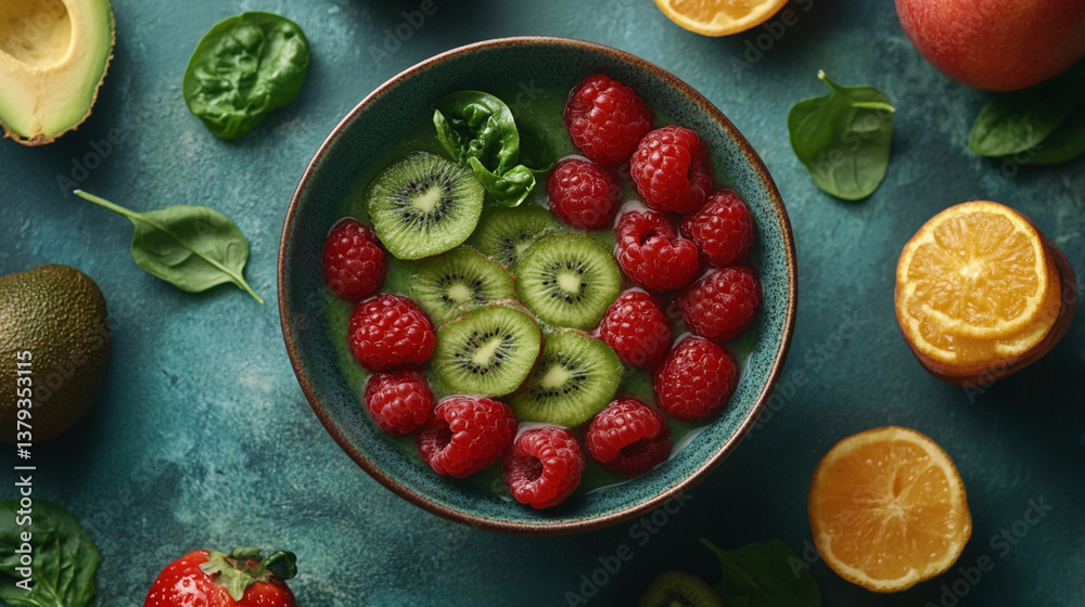 Fresh fruit salad with raspberries, kiwi, and spinach arranged beautifully on a teal background Fresh fruit salad with raspberries, kiwi, and spinach arranged beautifully on a teal background