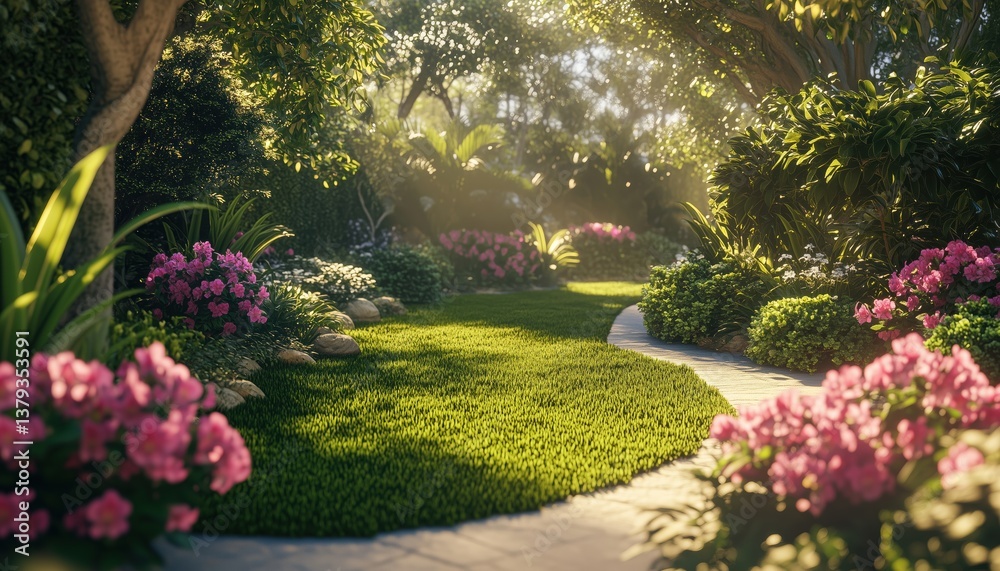 Obraz premium Beautiful Garden With Lush Plantings And Vibrant Rhododendrons Creating A Sunny Oasis In Your Outdoor Space.