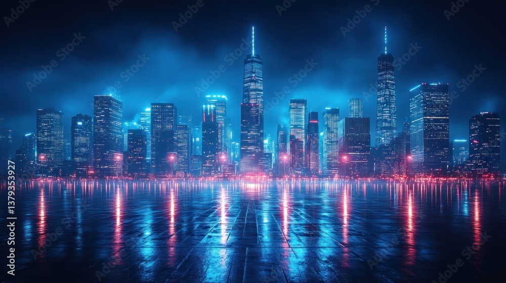 Fototapeta premium Futuristic Cyberpunk Cityscape at Night with Illuminated Skyscrapers and Neon Lights in Urban Plaza