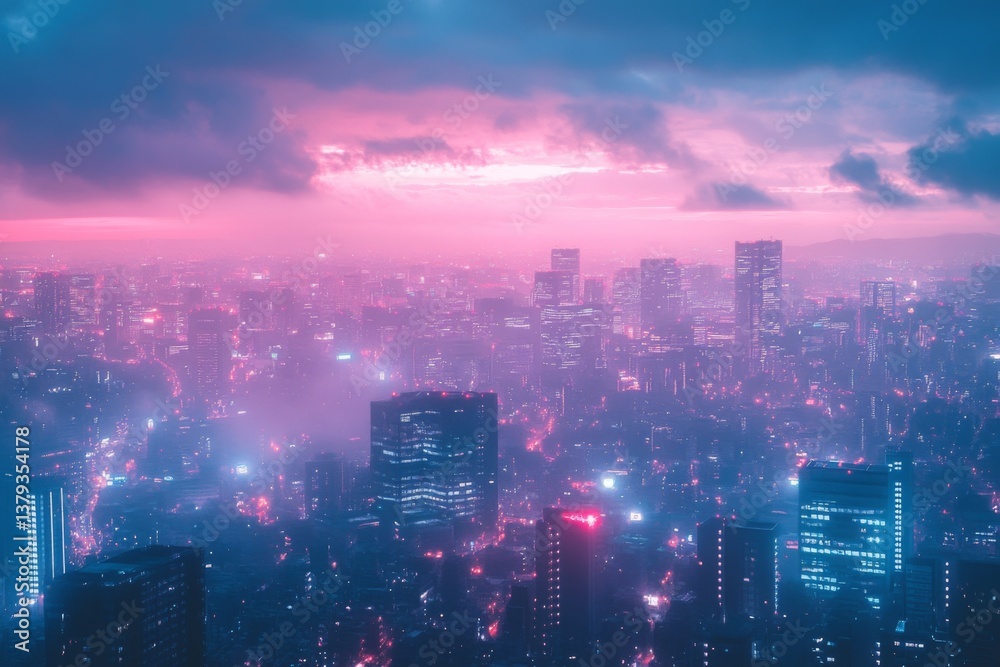 Fototapeta premium Colorful futuristic cityscape at sunset with vibrant pink and blue tones and tall buildings in fog