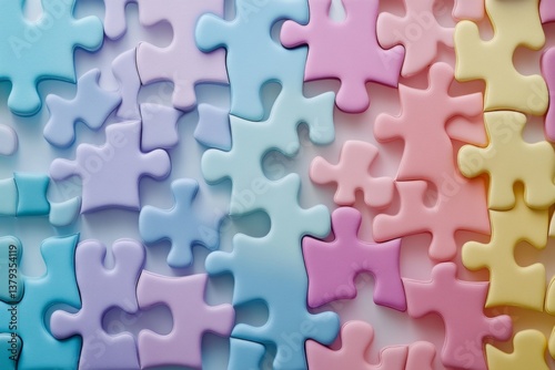 Colorful puzzle pieces scattered on a pastel background photo