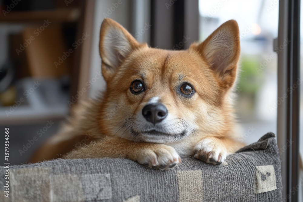 Cute corgi dog resting on a sofa with curious expression and cozy home background Cute corgi dog resting on a sofa with curious expression and cozy home background
