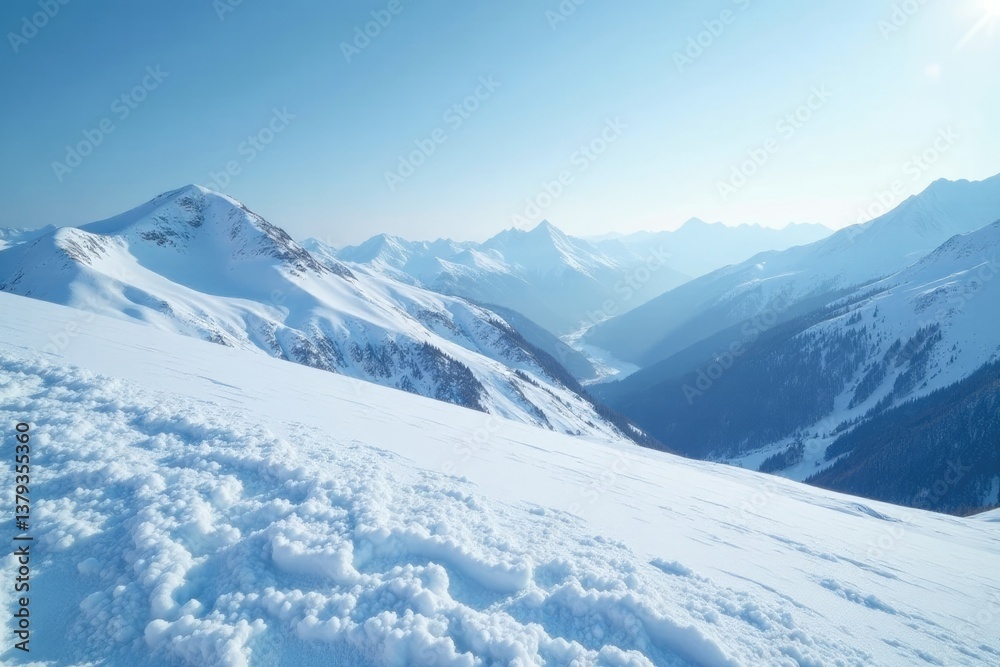 Obraz premium A vast expanse of blue-gray snow stretches out across the hills, blue snow, rolling hills