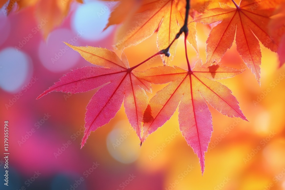 Close up of red and orange maple leaves in sunlight during autumn Close up of red and orange maple leaves in sunlight during autumn