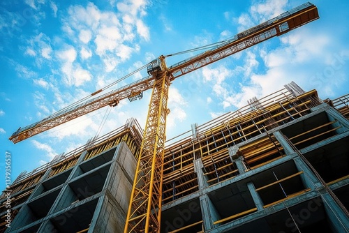 Yellow Crane at Construction Site with Industrial Architecture and Clear Blue Sky