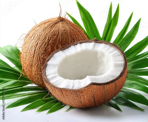 Half Coconut with Tropical Leaves on White Background