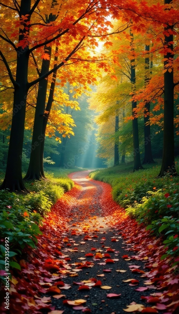 Obraz premium Colorful autumn leaves cascade down a winding forest path, leafy greens, winding paths, tree foliage